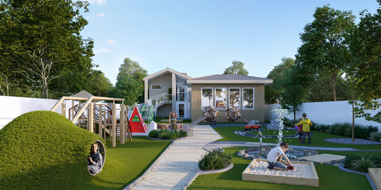 Artist’s impression of the new outdoor play area, with a grassy hill and tunnel, timber climbing frame, sandpit, water play and bike track