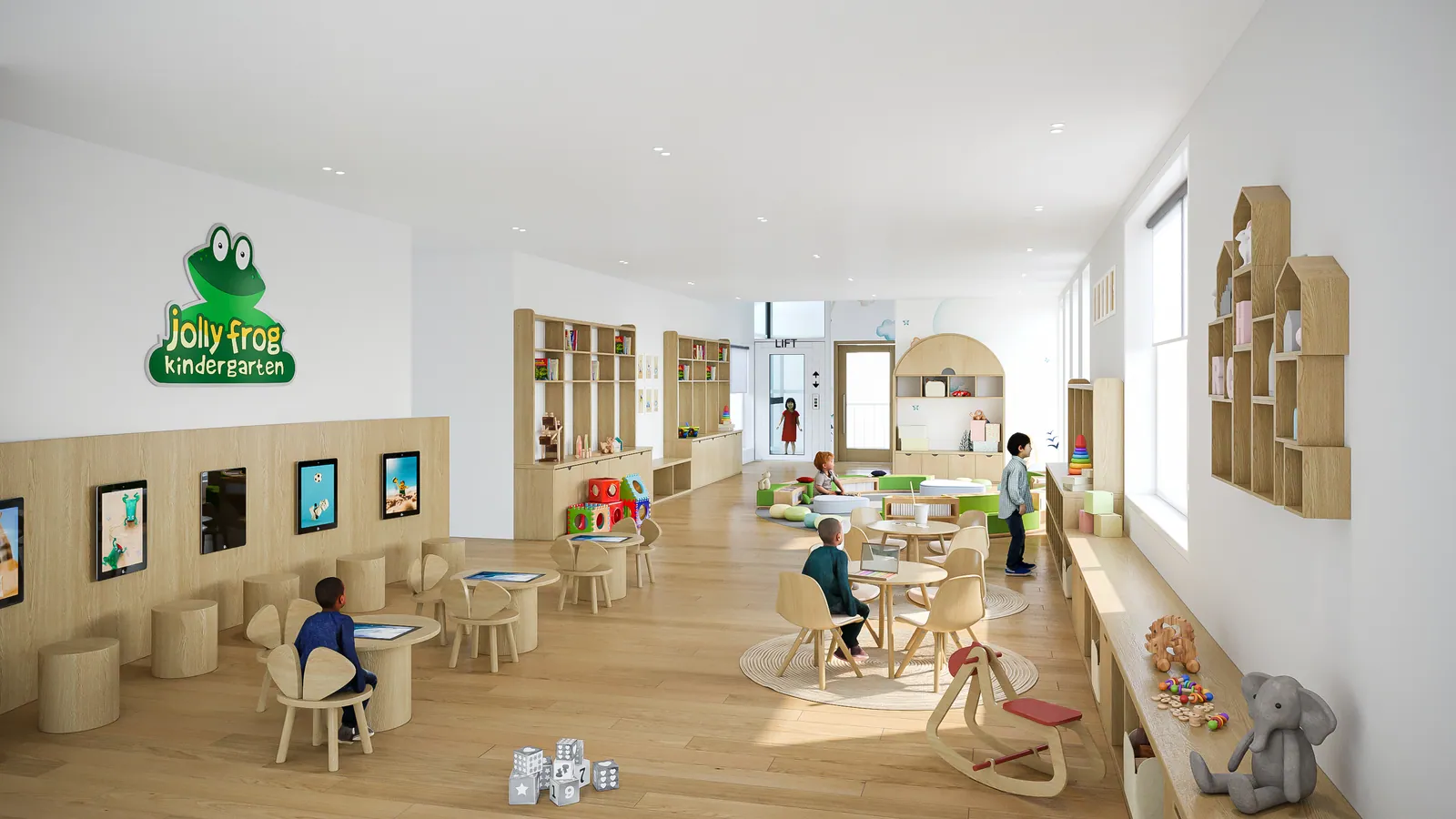 Artist’s impression of a bright learning room with small timber tables and chairs, reading corners and wall shelving