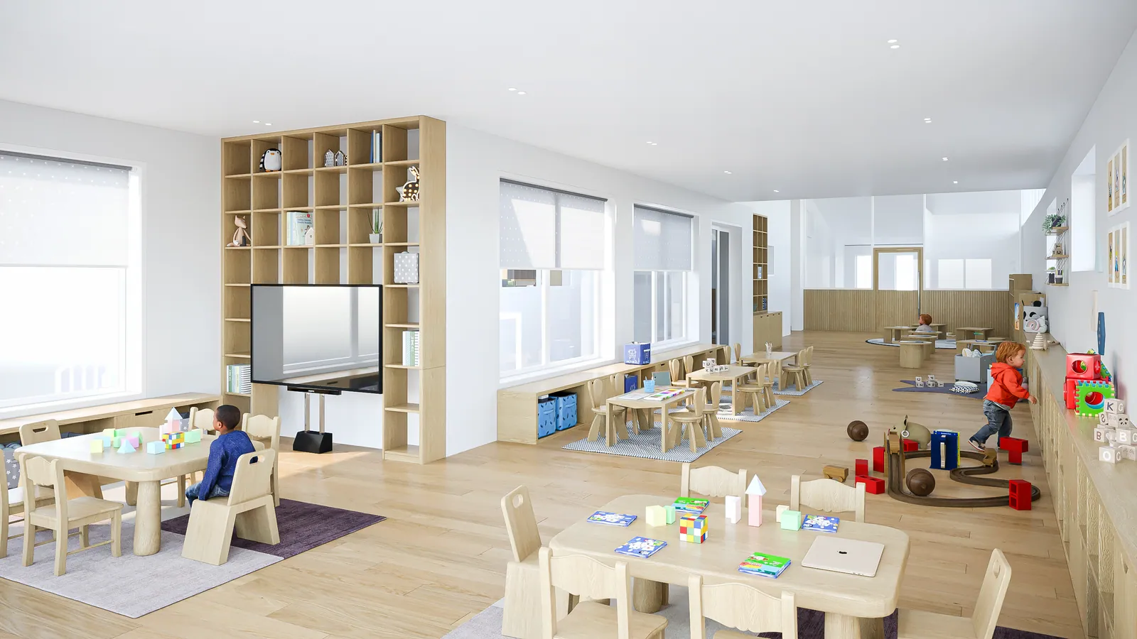 Artist’s impression of an open-plan learning room with large windows, timber tables and a play area